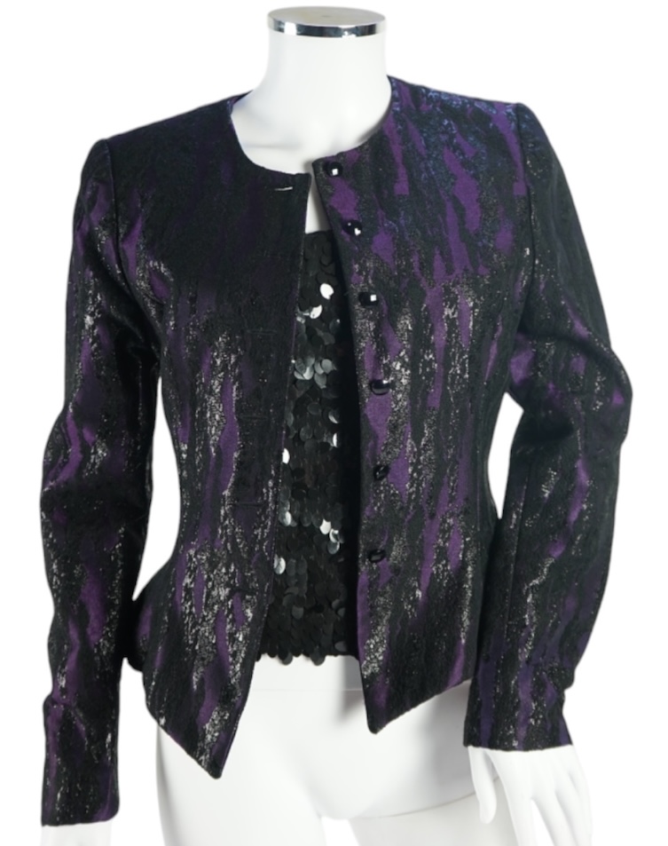 A lady's Boss (Hugo Boss) metallic purple and black evening jacket, three black skirts (Alexander McQueen, Emporio Armarni and Versace Classic) and a black sequin Ben de Lisi vest top, all approx. size 10